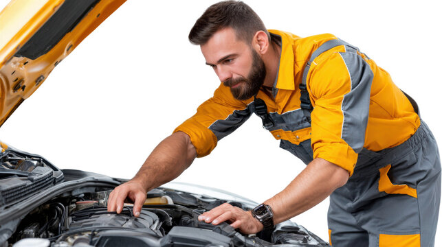 Mechanic at Work: A skilled mechanic, meticulously examines a car engine. Dressed in a practical work suit, he focuses his expertise on the car's interior and mechanical parts.
