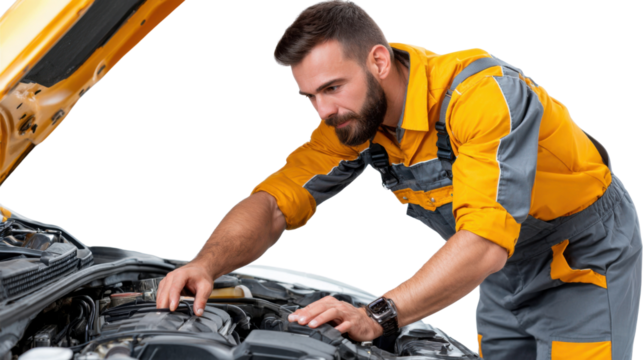 Mechanic at Work: A skilled mechanic, meticulously examines a car engine. Dressed in a practical work suit, he focuses his expertise on the car's interior and mechanical parts.