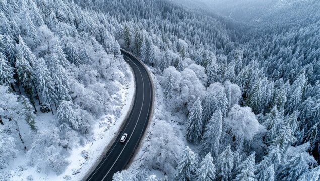 Snowy mountain road, aerial view. A winding road cuts through a dense forest blanketed in snow. A single car travels on the road, highlighted against the white landscape - Powered by Adobe