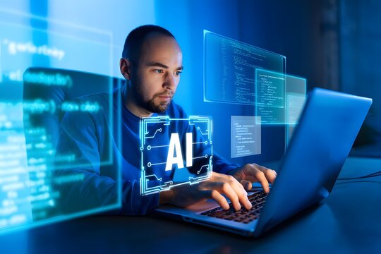 AI-powered web development and programming. A software developer coding with artificial intelligence support, ideal for content about machine learning, AI-assisted coding, next-gen tech solutions.