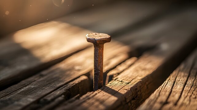 
Rusty nail hammered halfway into an old, weathered wooden plank.