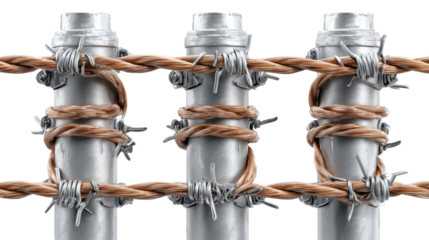 Barbed Wire Fence Detail: Close-up of a sturdy barbed wire fence, featuring metallic posts, secured by coiled wire. This evokes themes of boundaries, restriction.
