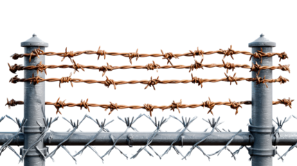 Barbed Wire Barrier: A detailed shot captures the stark contrast of a metallic chain-link fence and imposing rusted barbed wire, a powerful image of security, boundary, and restriction.