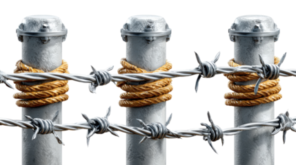 Barbed Wire Barrier: Close-up of a metallic, barbed wire barrier against an undefined backdrop, symbolizing security, boundaries, and restrictions.