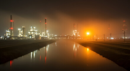 Panoramic view of an industrial oil refinery illuminated by glowing orange lights on a foggy night with reflections on the water.