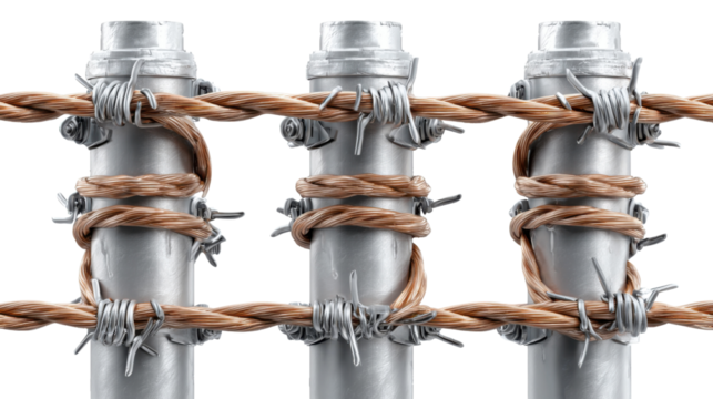 Barbed Wire Fence Detail: Close-up of a sturdy barbed wire fence, featuring metallic posts, secured by coiled wire. This evokes themes of boundaries, restriction.