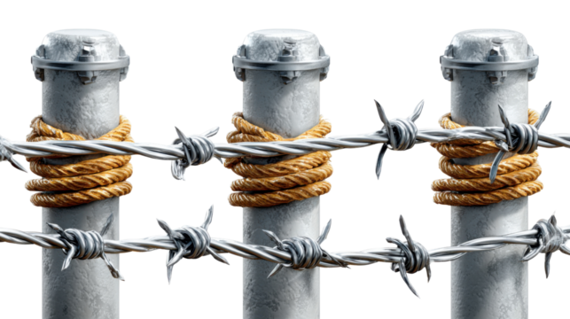 Barbed Wire Barrier: Close-up of a metallic, barbed wire barrier against an undefined backdrop, symbolizing security, boundaries, and restrictions.