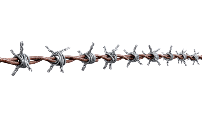 Barbed Wire: A close-up shot of sharp, metal barbs intertwined on a brown strand against a clean backdrop. This image symbolizes restriction and potential danger.