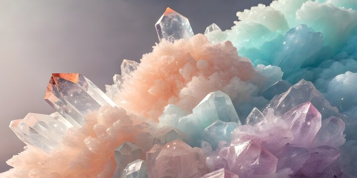 Closeup of colorful quartz crystals with pastel hues and intricate details