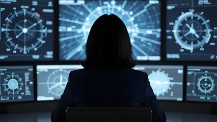 Woman in a control room monitoring screens with security and cyber data