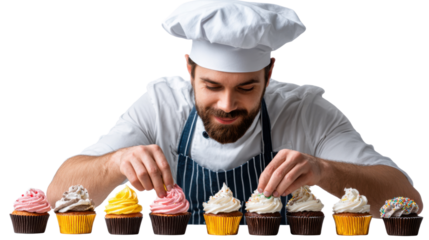 Baking Artistry: A skilled baker, in a pristine chef's hat and apron, meticulously arranges vibrant cupcakes, showcasing the artistry and joy of baking.