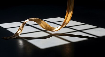 Elegant golden ribbon dances in dramatic light creating abstract motion and captivating shadows,Generated Image