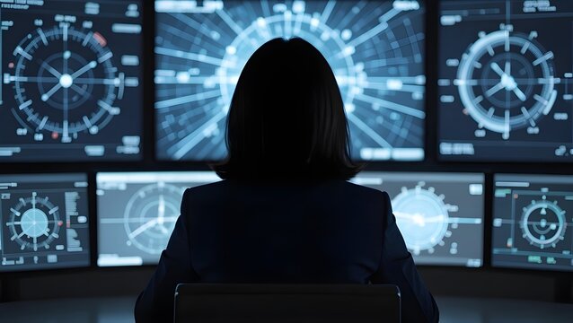 Woman in a control room monitoring screens with security and cyber data