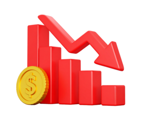 Financial Decline 3D Graph with Gold Currency Coin isolated on transparent background