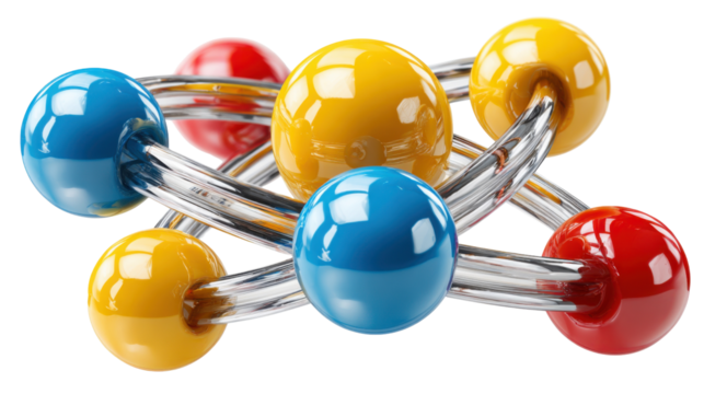 Molecular Abstract: An intricate molecular model composed of vibrant, interconnected spheres and metallic rods, symbolizing scientific concepts and creative design possibilities.