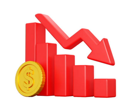 Financial Decline 3D Graph with Gold Currency Coin isolated on transparent background