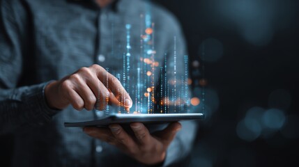 Analyst examining cross-border payment systems on tablet AI technology concept