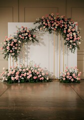 Naklejka premium Elegant pink floral archway with gold accents, perfect for weddings and special events