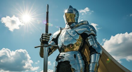 A shining suit of medieval armor stands against a bright sky, holding a sword.