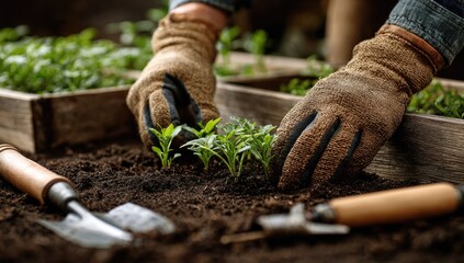 Close-up of gloved hands planting seedlings in raised garden beds