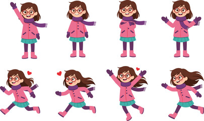 Cheerful cartoon girl in pink coat and glasses showing various poses, expressions, actions for character design, animation, storytelling concepts