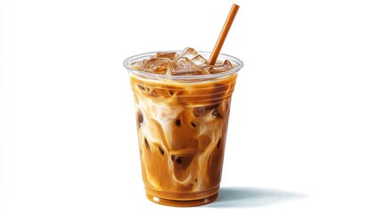 Iced coffee drink in a clear plastic cup with ice and a straw