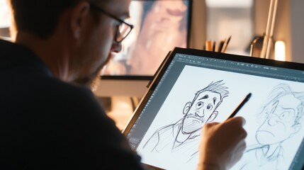 Animator drawing characters for adult animation series AI technology concept