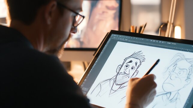Animator drawing characters for adult animation series AI technology concept