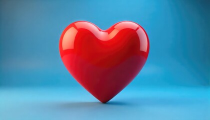 A single red heart shape object on a light blue background with soft lighting and some reflections