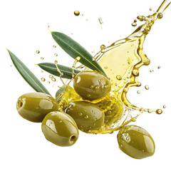 Fresh green olives with splashing olive oil and leaves on vibrant background for healthy cooking