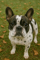 Fototapeta premium AI-generated image of a cute French Bulldog pup looking at the camera at a home's backyard