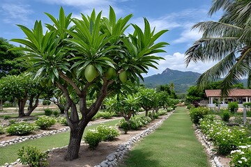 Obraz premium Mango fruits ripening under sunny sky high resolution picture