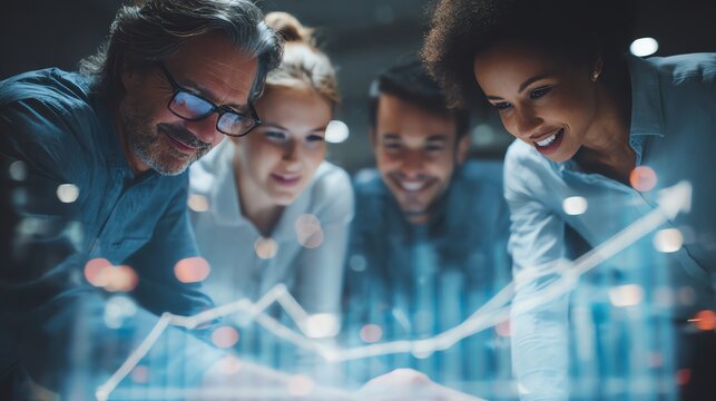 Business team planning next quarter based on positive market trends AI technology concept