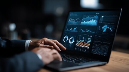 Businessman presenting analytics of streaming user data on laptop AI technology concept