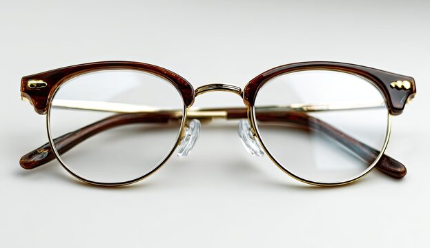 Close-up of round-frame eyeglasses.  Clear lenses, light brown/ tortoise-shell frames, gold accents