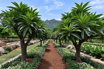 Obraz premium Mango tree planted near stone path high resolution picture