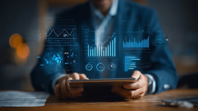 Businessman reviewing quarterly financial report with tablet and graphs AI technology concept