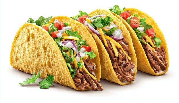 Three delicious-looking tacos arranged on a white background.  Crispy corn tortillas filled with shredded beef, lettuce, diced tomatoes, red onion, and melted cheese. 