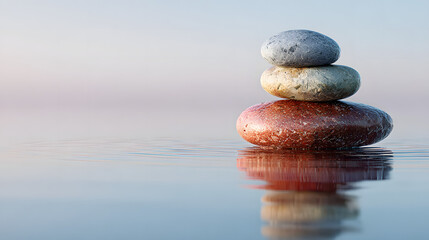 Serene Zen: Stones stacked in a calm water, creating a peaceful scene reflecting balance and tranquility against a pastel horizon.