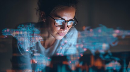 Businesswoman monitoring foreign exchange rates on laptop AI technology concept