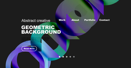 Naklejka premium Abstract website header design. Fluid shapes, dark background, white text, navigation menu present. Modern, creative aesthetic.