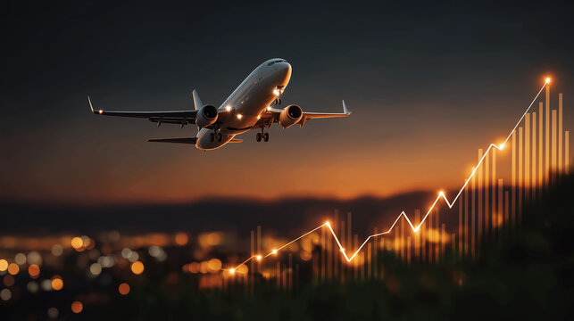 Soaring Ambitions: A commercial airplane takes flight against a backdrop of an evolving financial graph, symbolizing progress, growth, and the ascent of success.
