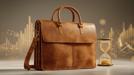 Elegant Briefcase & Hourglass: A luxurious leather briefcase, symbolizing professionalism and sophistication, rests beside a classic hourglass.