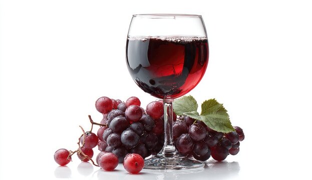 A stemmed glass of red wine sits beside a bunch of red grapes