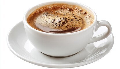 Fototapeta premium A white ceramic coffee cup filled with rich, dark coffee, frothy crema on top