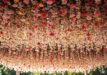 Enchanting floral canopy of pinks and reds creating a romantic atmosphere for weddings and special events