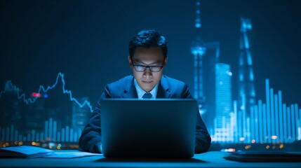 Executive reviewing China-US economic data on laptop AI technology concept