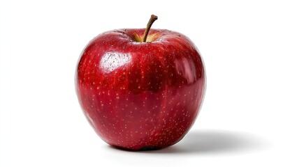 Single, glossy red apple, stem visible, against white background