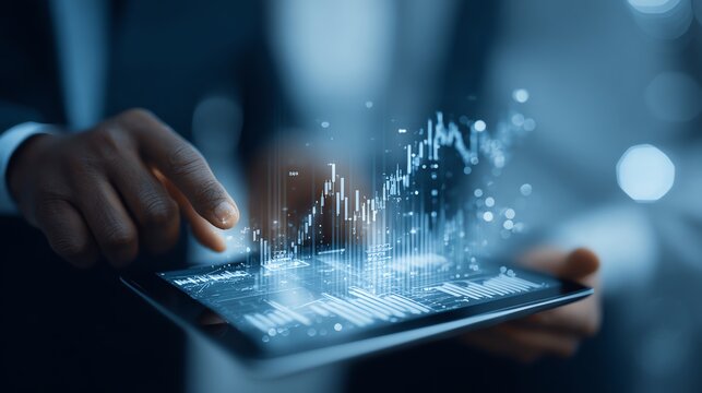 Financial advisor showing portfolio optimization to client using tablet AI technology concept