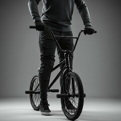 Obraz premium BMX freestyle cyclist on black bicycle in standing position wearing dark streetwear protective knee pads and sneakers against minimalist gray studio background